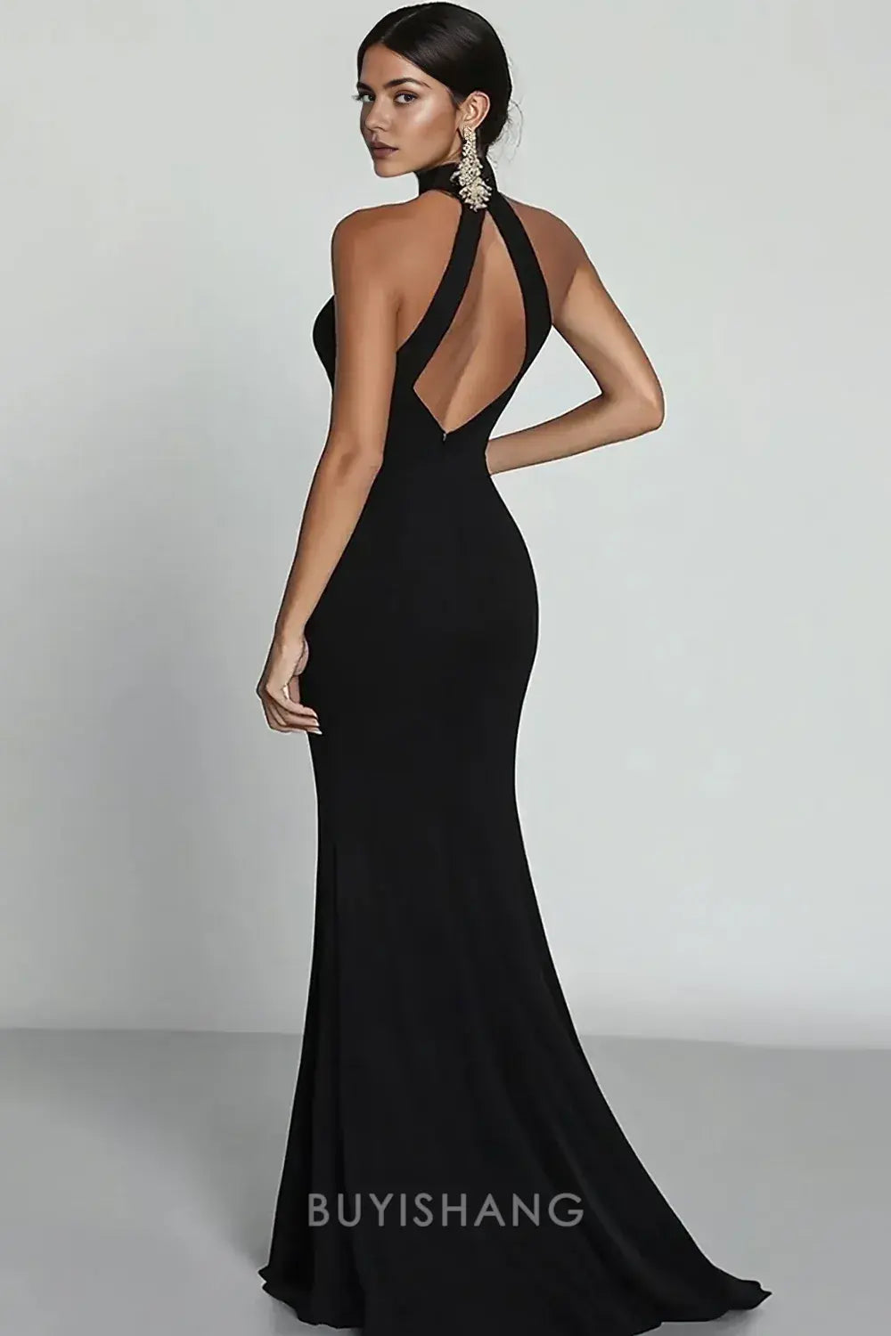 Elegant High Neck Keyhole Front Open Back High Slit Mermaid Satin Long Maxi Dress Prom Dress